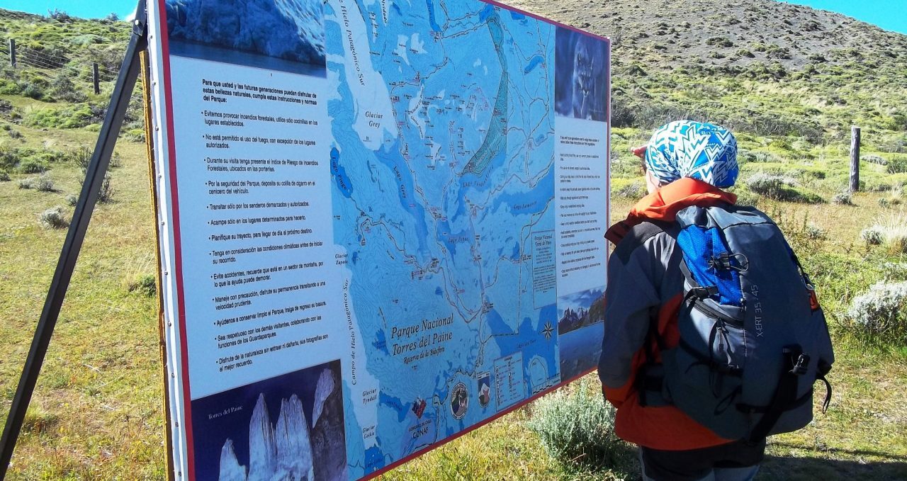 Sign in the Torres del Paine National Park, Patagonia, Chile