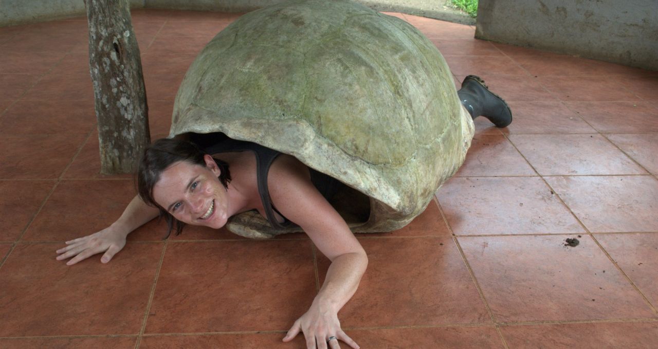 Kat in a Giant Land Tortoise Shell Galapagos