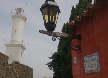 Lighthouse and street sign Colonia Uruguay