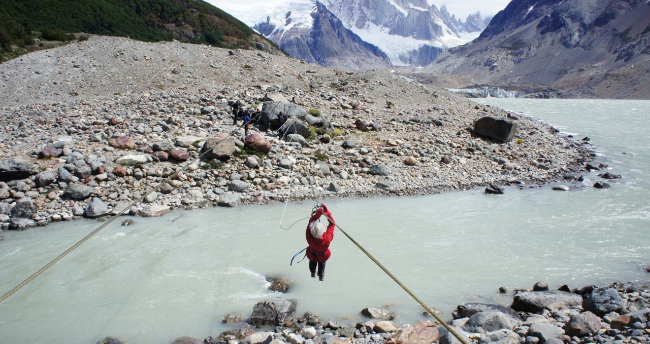 Tyrolean Traverse over Fitzroy River Patagonia Chalten Argentina