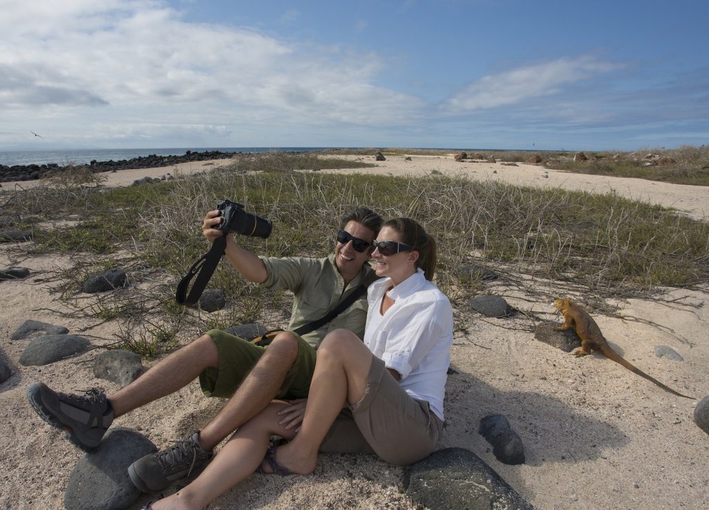 Finch Bay selfie with land Iguana Galapagos