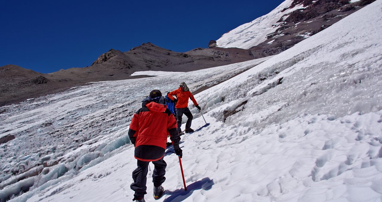 Snow slope with trekkers Aconcagua Argentina