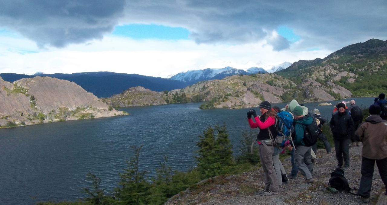 Trekkers at laguna de Los Patos Fitzroy Patagonia Argentina