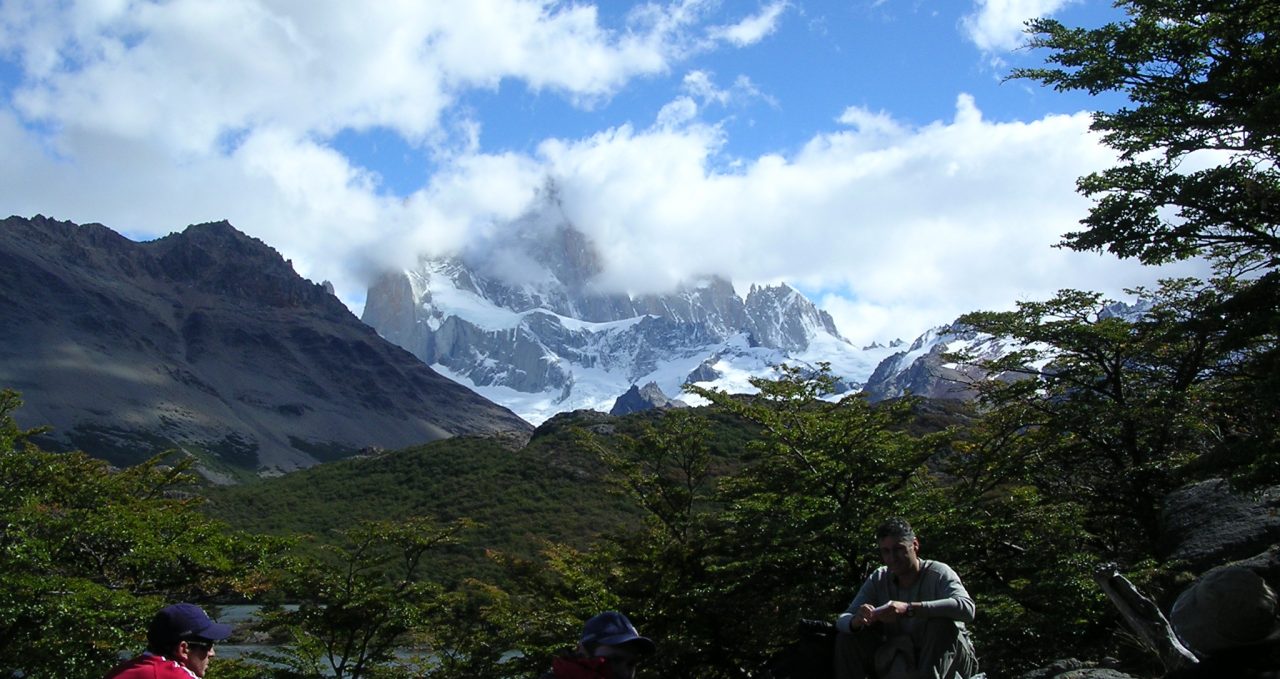Trekkers in beech forest Fitzroy Patagonia Argentina