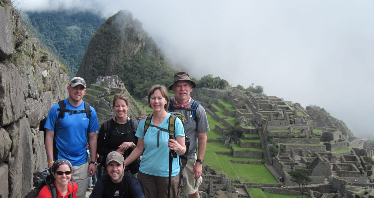 Trekkers at Machu Picchu Inca Trail Trek Peru