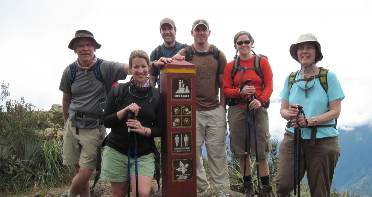 Trekkers at lookout point Inca Trail Trek Peru