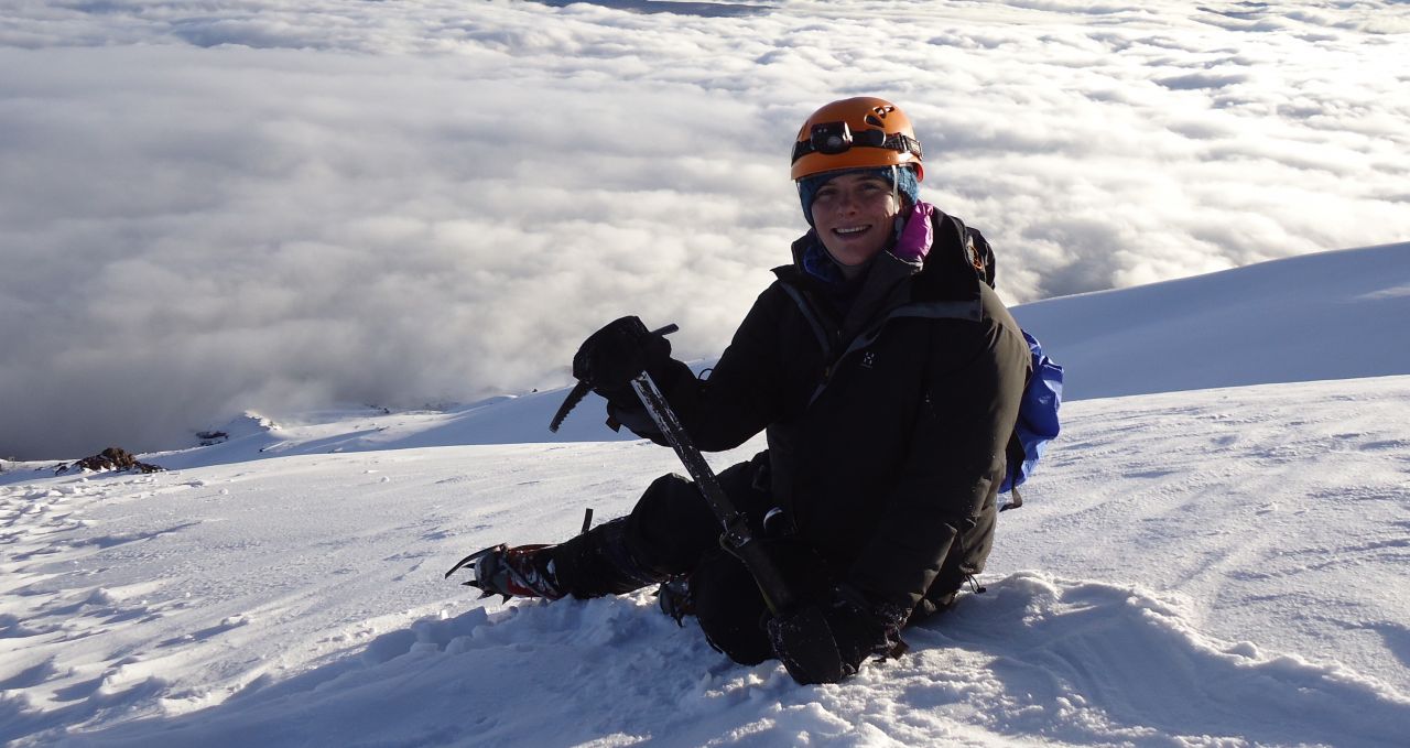 Climber and ice axe Cayambe, Ecuador