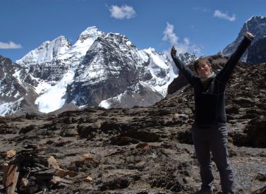 Trekker with views of Condoriri range Bolivia