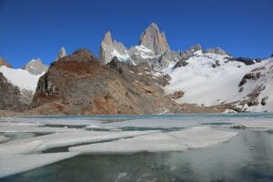 Base of Fitzroy and lake with ice, Chalten, Argentina