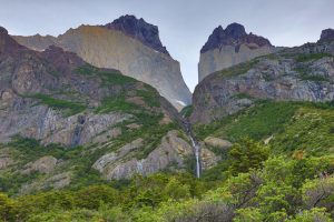 Los Cuernos and waterfall, Paine National Park, Patagonia, Chile