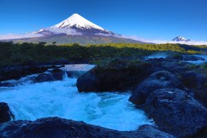 Osorno volcano, river and view, Chile Lake District