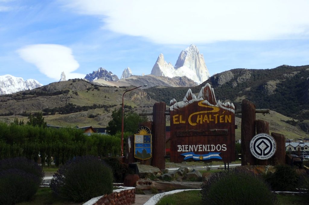 Chalten sign and view to Fitzroy, Argentina