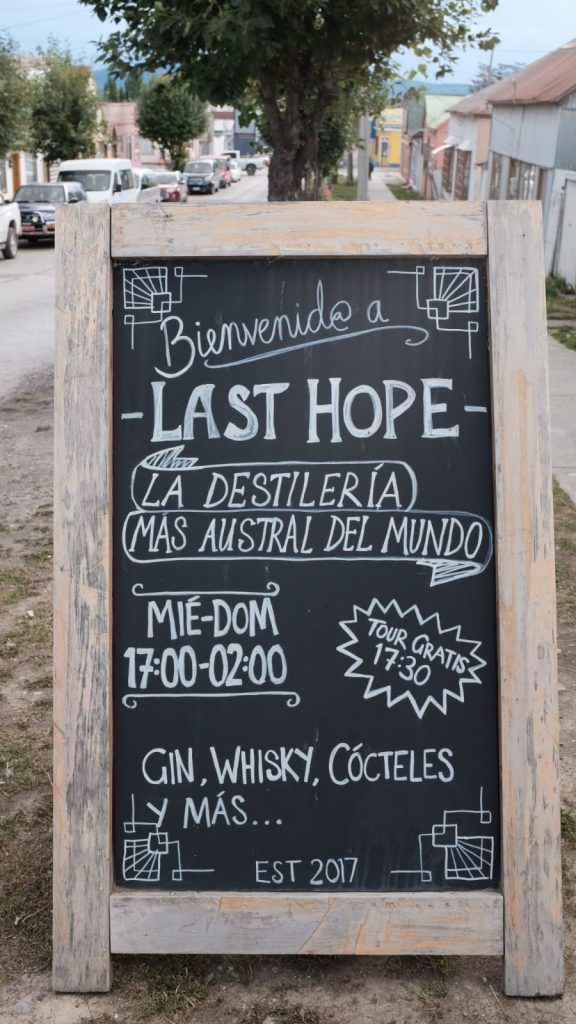 A distillery sign in Puerto Natales, Chile