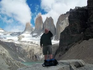 Alan at base of towers, Torres del Paine, Patagonia, Chile.
