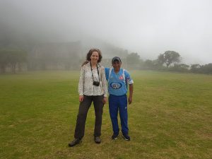 Kathy in the mist at Choquequirao