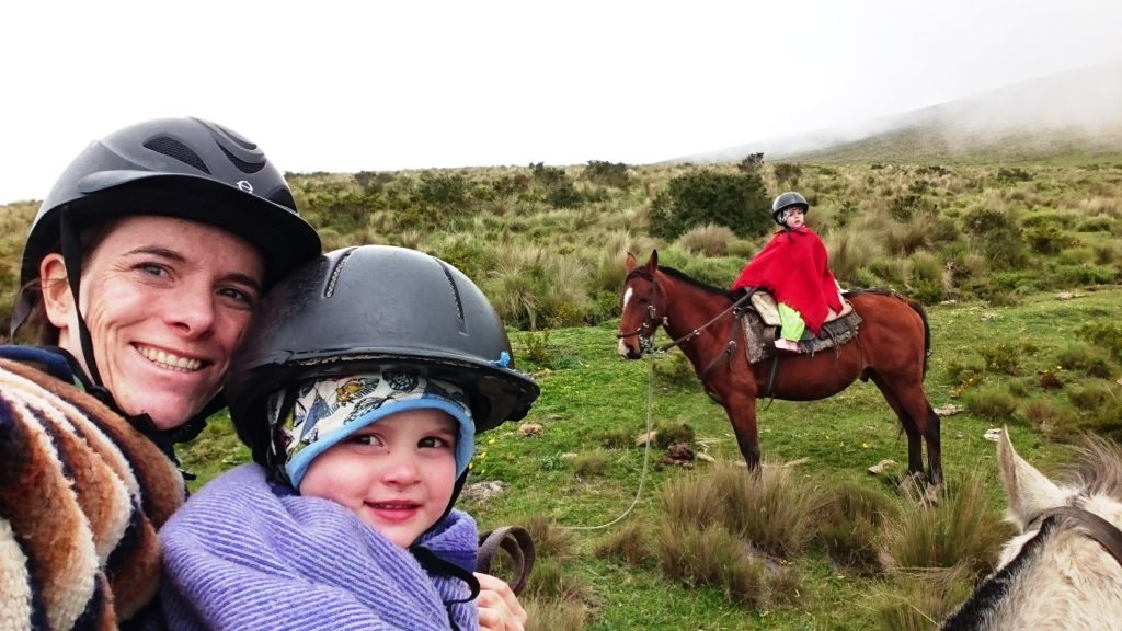 Kat and kids on horses, Ecuador