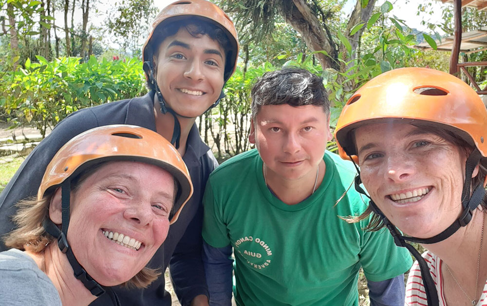 Ziplining crew and travellers at Mindo cloud forest lodge Ecuador