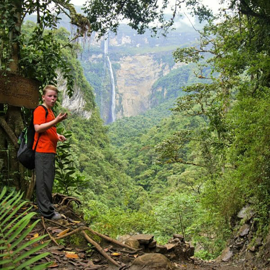 family at gocta waterfall north peru