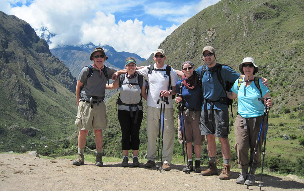 trekkers at dead woman pass inca trail trek peru