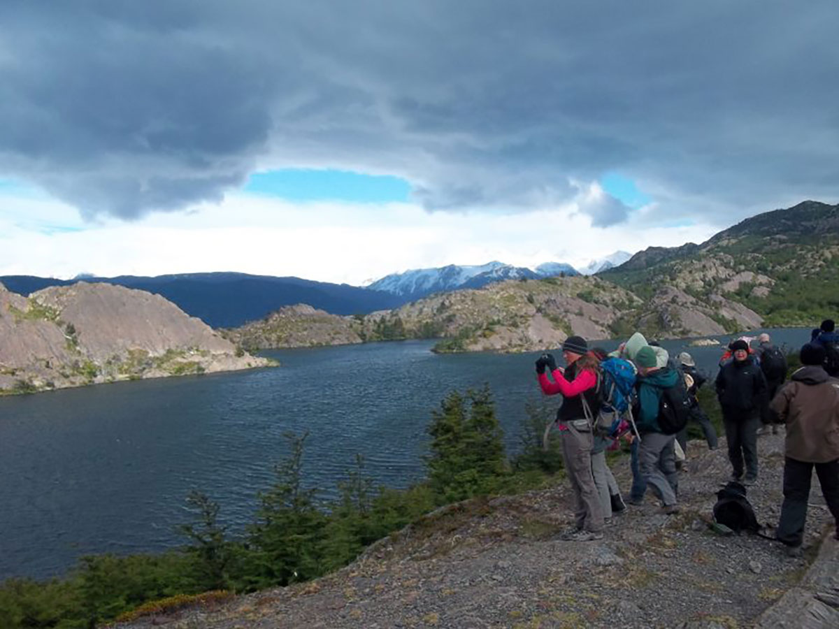 Trekkers at laguna de Los Patos Fitzroy Patagonia Argentina