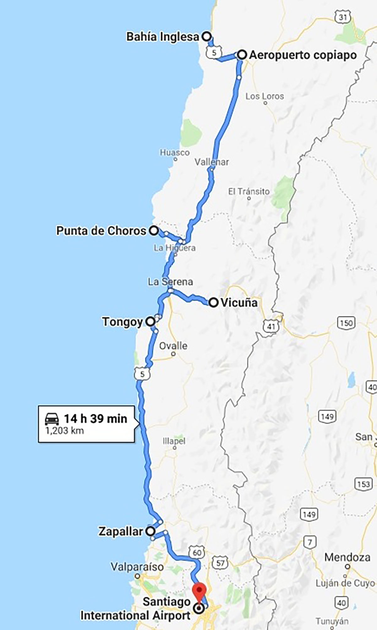 Chile self drive map Atacama Santiago
