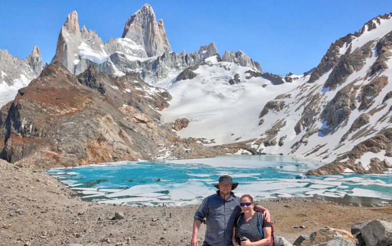 Base of Fitzroy and lake with hikers and ice Chalten Argentina