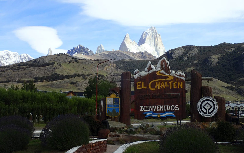 Chalten sign and view to Fitzroy Argentina