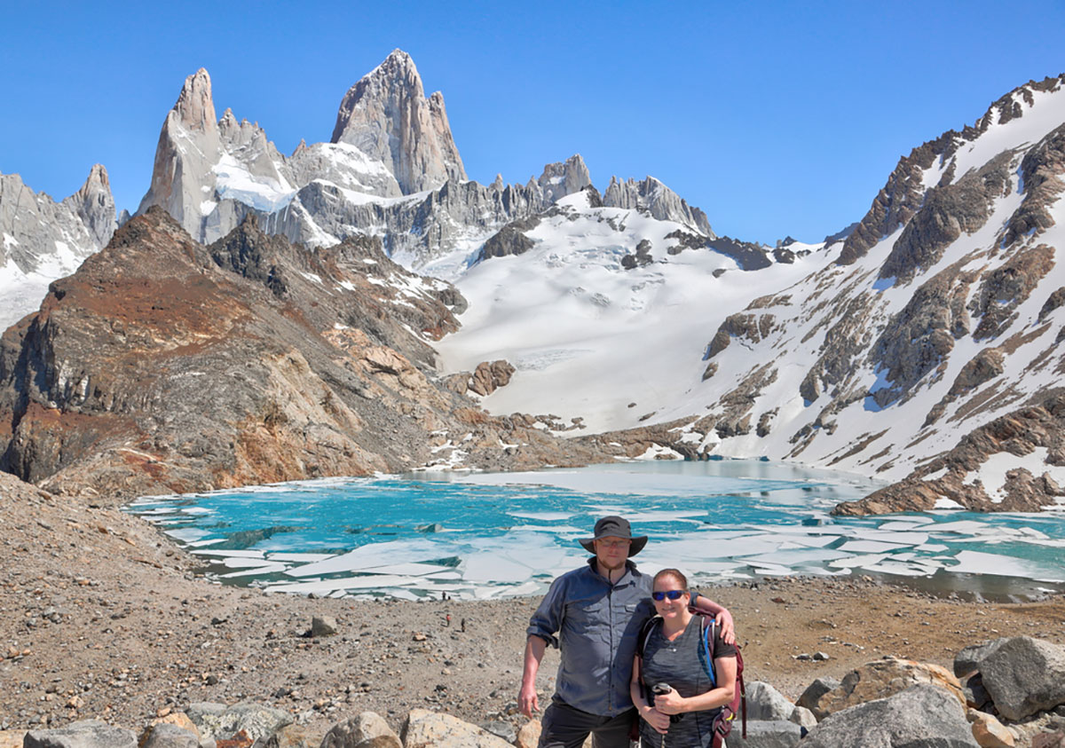 Base of Fitzroy and lake with hikers and ice Chalten Argentina