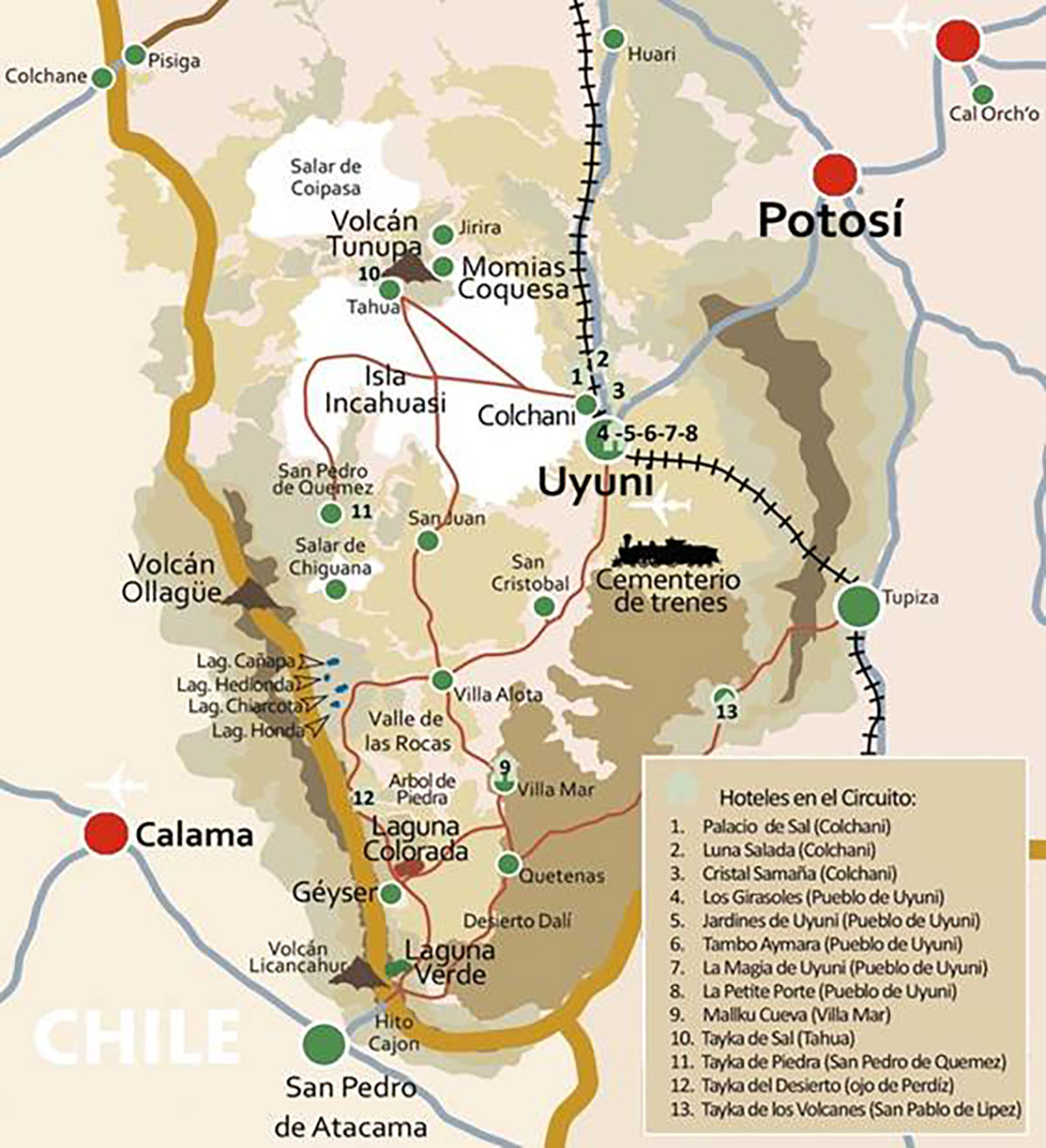 Bolivia Salt Flats Uyuni Attractions Map