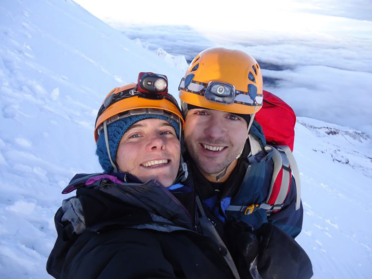 Happy climbers on Cotopaxi volcano Ecuador