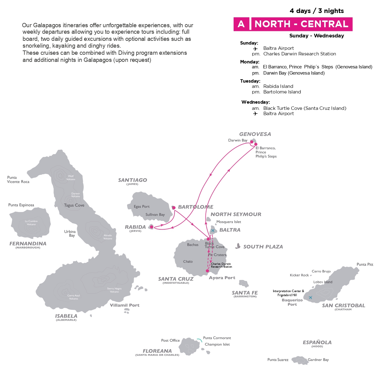 Coral North Central 4 day Galapagos Itinerary