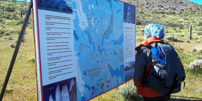 Sign in the Torres del Paine National Park Patagonia Chile