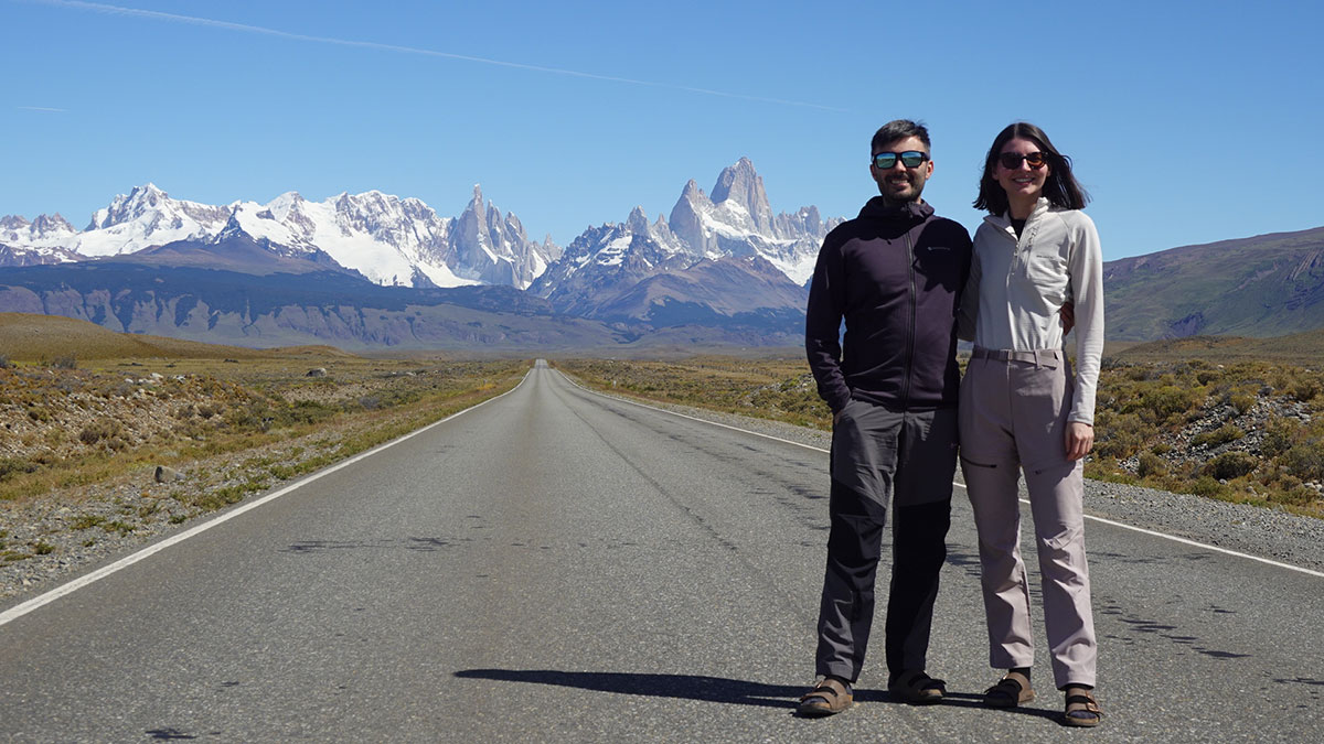 Couple on road to Fitz Roy National Park Argentina Patagonia